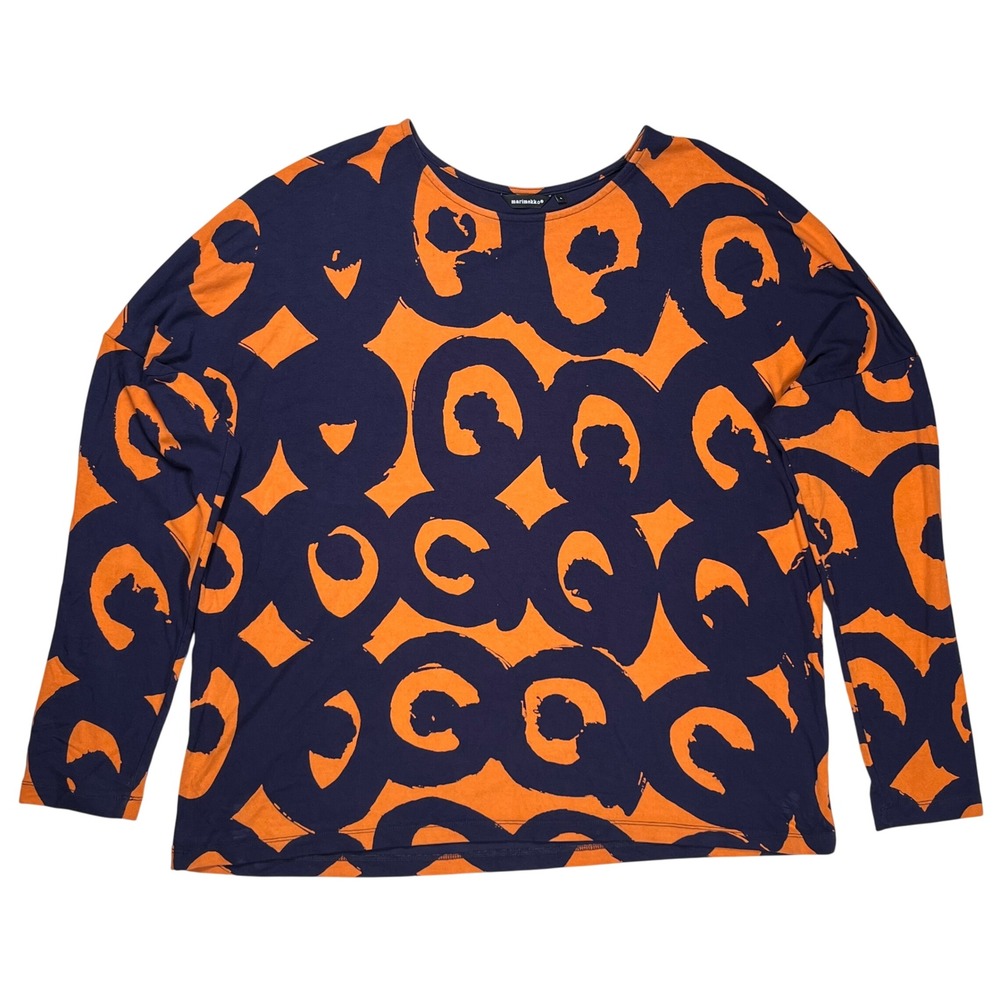 Marimekko Helmikatti Top Womens L Navy Orange Abstract Circle Print Long Sleeve
